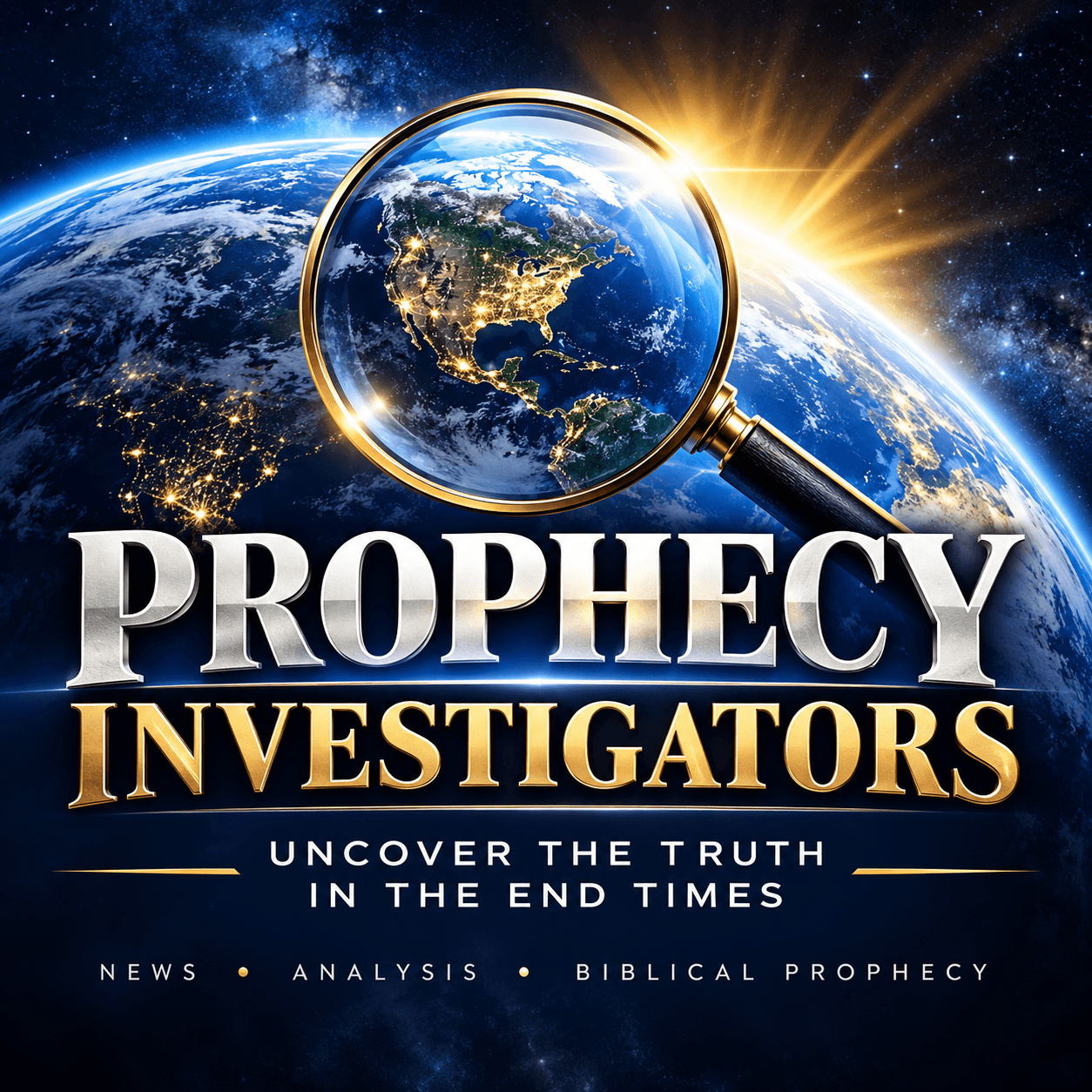 地球上的放大鏡,標有「預言調查員:揭開末世真相」(Prophecy Investigators: Uncover the Truth in the End Times) 字樣。