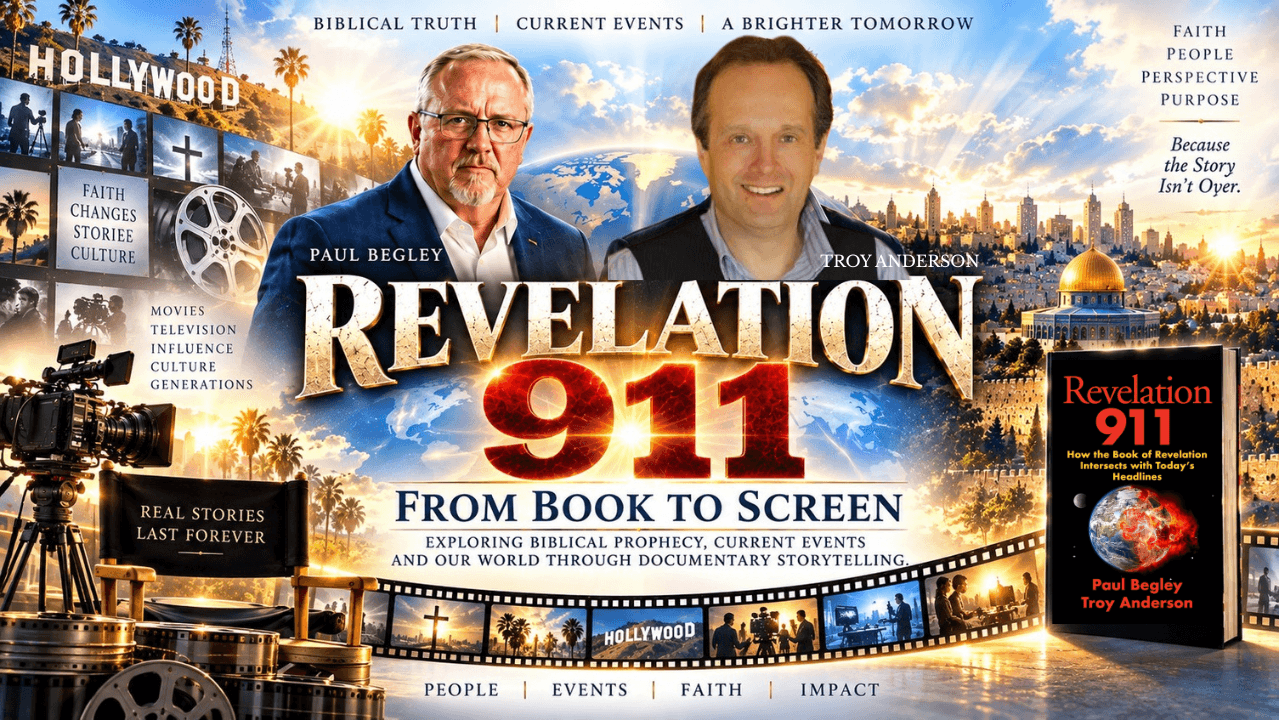 Revelation 911 documentary poster featuring Paul Begley and Troy Anderson with global and cinematic imagery.