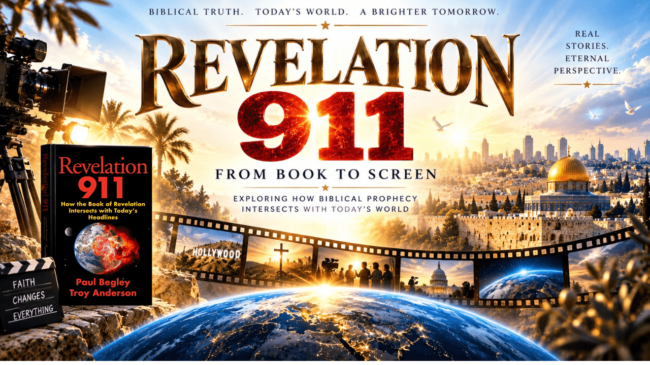 Revelation 911 poster featuring a book, film camera, and Jerusalem skyline over a glowing globe.