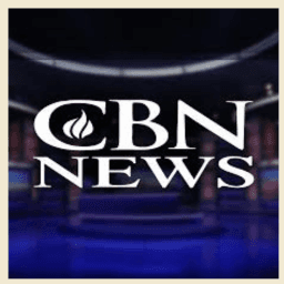 White CBN NEWS logo with flame icon over a blurred blue news studio background.