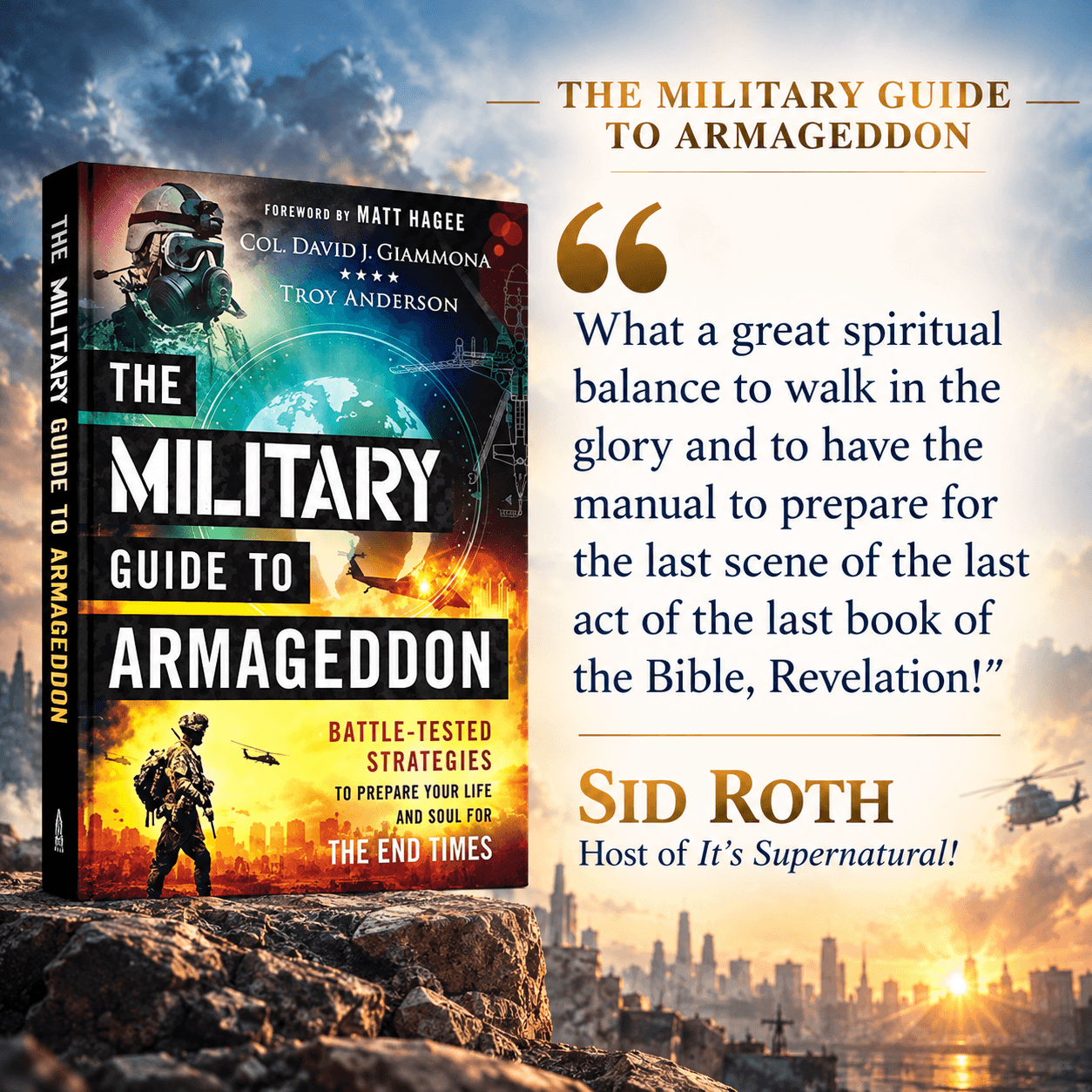 《哈米吉多頓軍事指南》宣傳圖,畫面包含一名士兵與 Sid Roth 的引言。