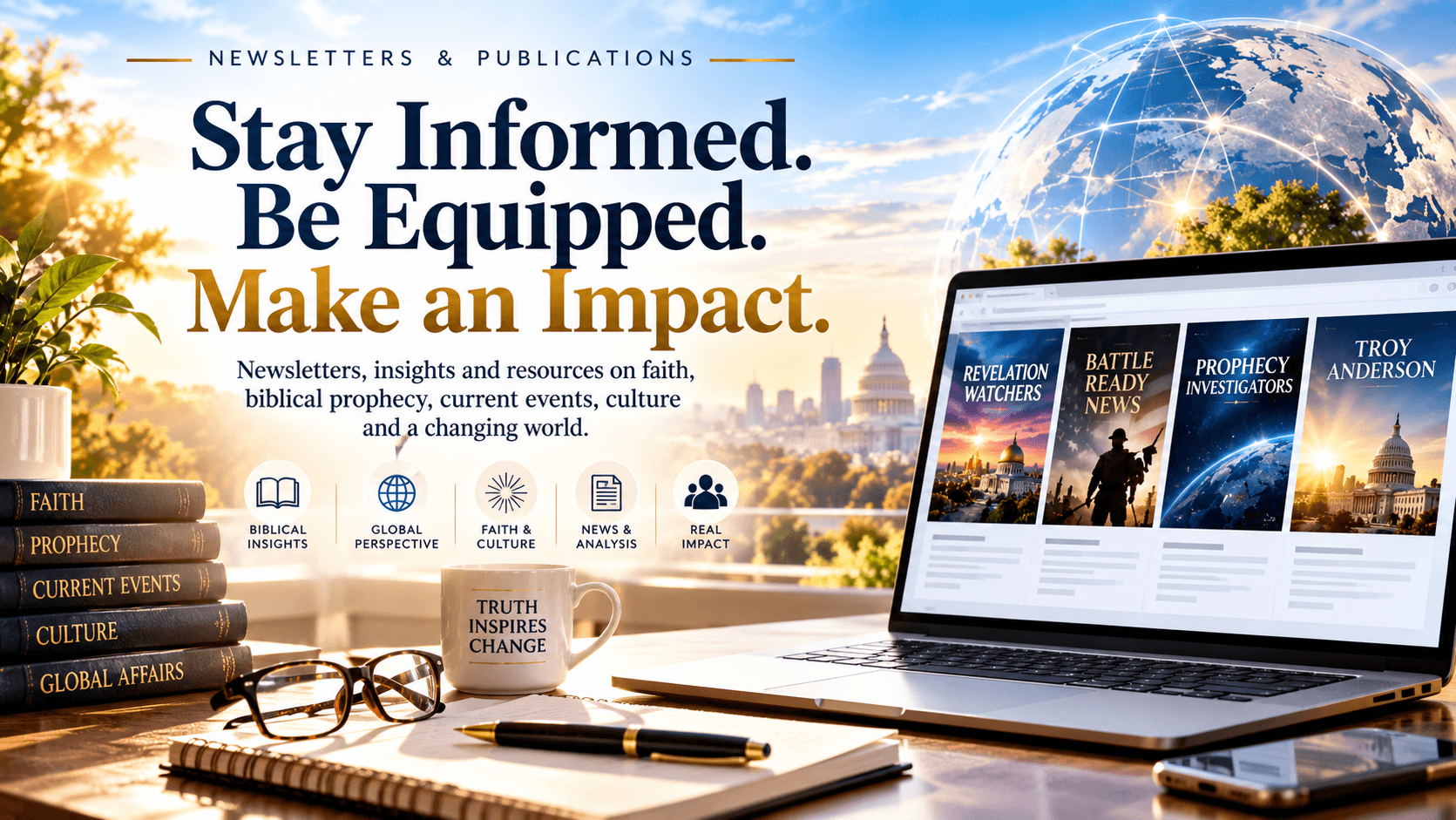 Laptop displaying faith-based newsletters on a desk with books, overlooking a city and globe.