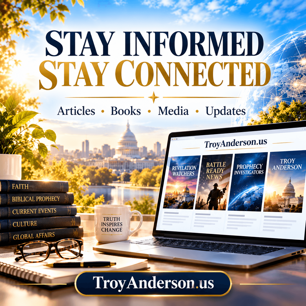 Laptop displaying TroyAnderson.us website alongside books, glasses, and the Washington D.C. skyline.
