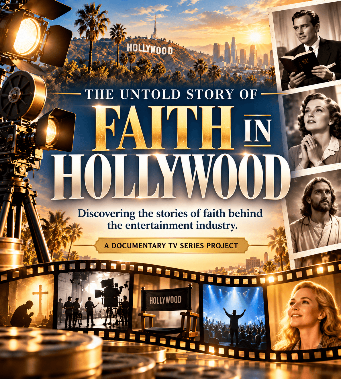 Cinematic documentary poster for 'Faith in Hollywood' featuring film strips, cameras, and the Hollywood sign.