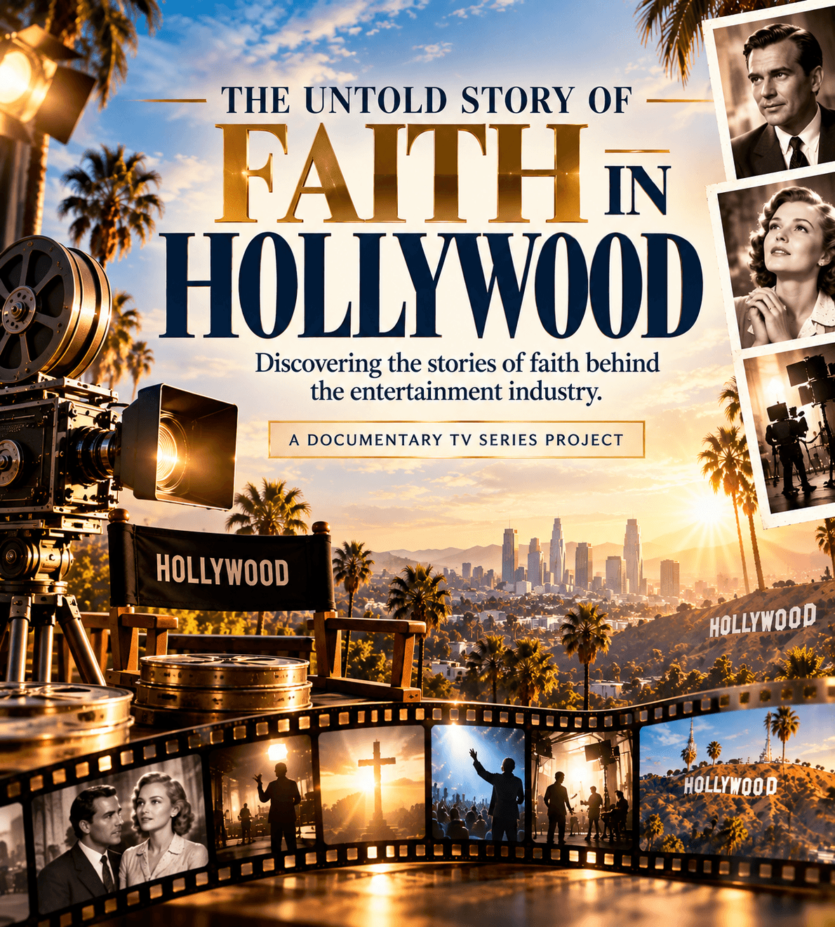 Documentary poster for 'Faith in Hollywood' featuring a vintage camera, film reels, and sunset skyline.