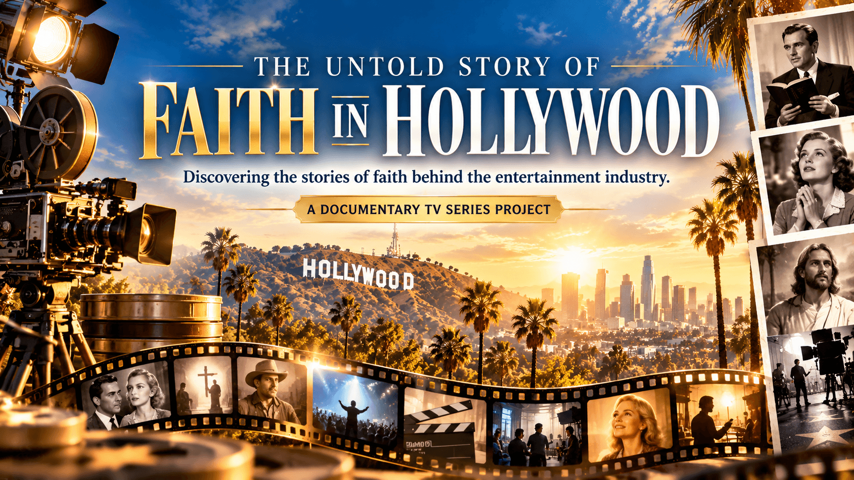 Poster for "Faith in Hollywood" documentary featuring a sunset over Los Angeles and vintage film strips.