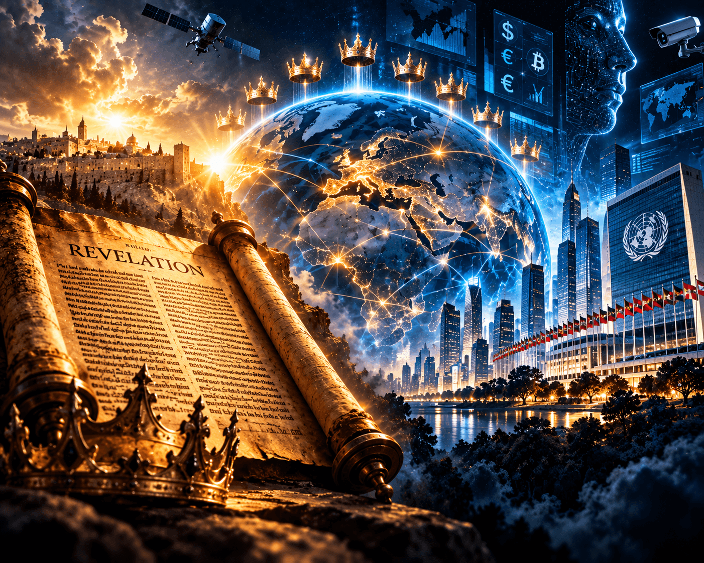 Ancient Revelation scroll and crowns beside a glowing digital globe, modern city, and surveillance technology.