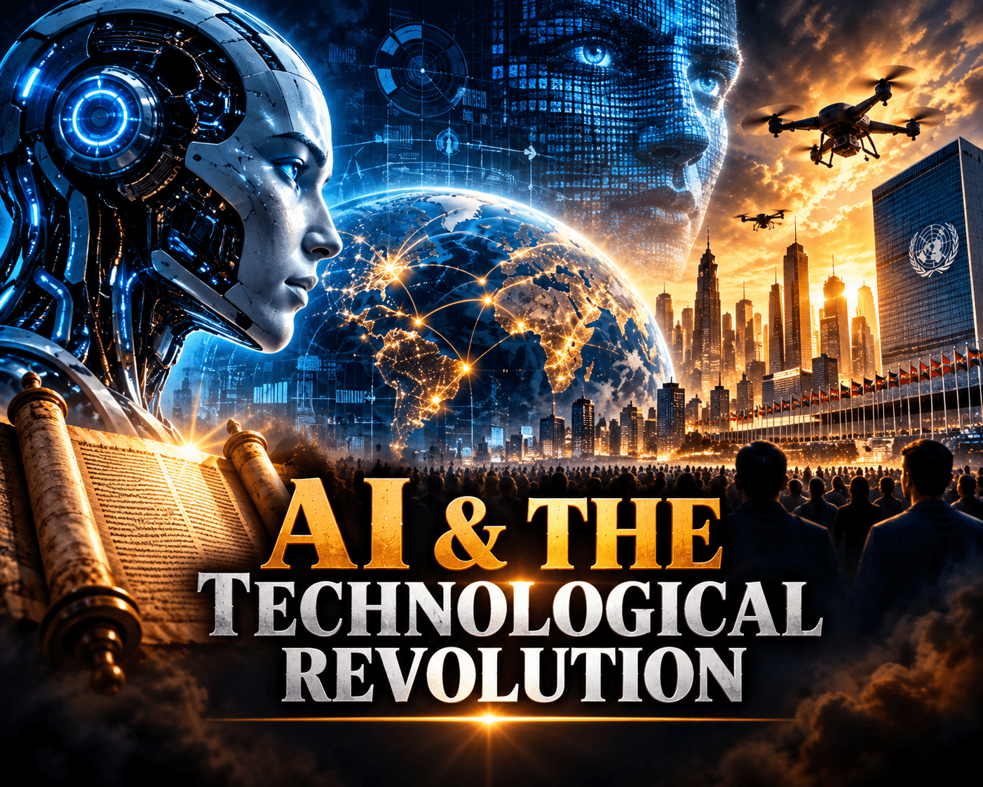 Futuristic robot, digital globe, and drones over city with AI & THE TECHNOLOGICAL REVOLUTION title.