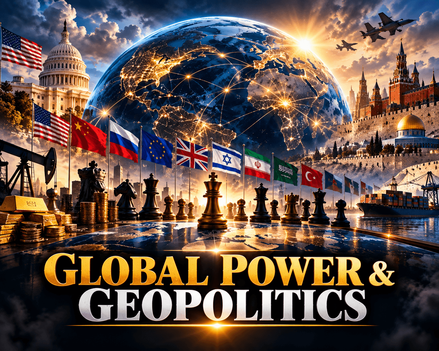National flags, chess pieces, and landmarks surround a glowing globe, illustrating global power and geopolitics.
