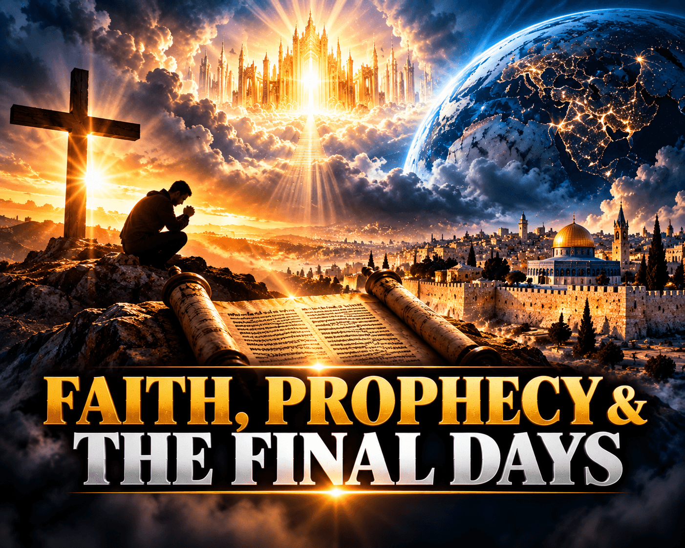 Man praying by a cross with a scroll, Jerusalem, Earth, and a golden heavenly city.