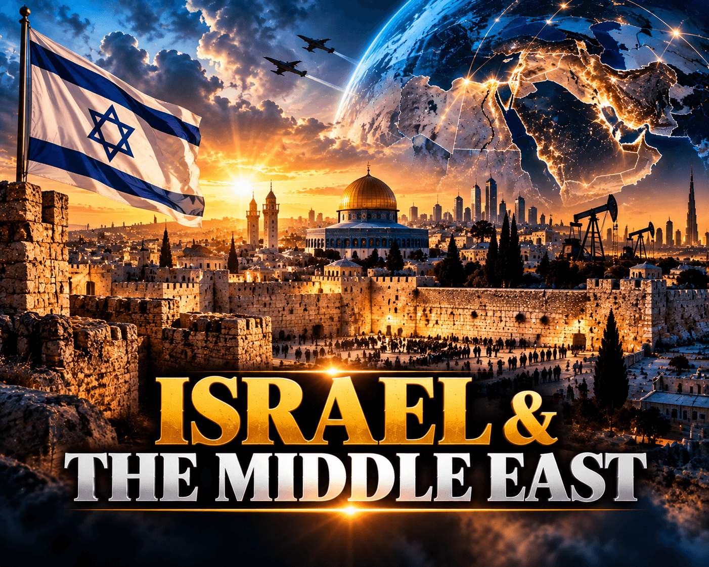 Jerusalem landmarks, Israeli flag, fighter jets, and globe with text 'ISRAEL & THE MIDDLE EAST'.