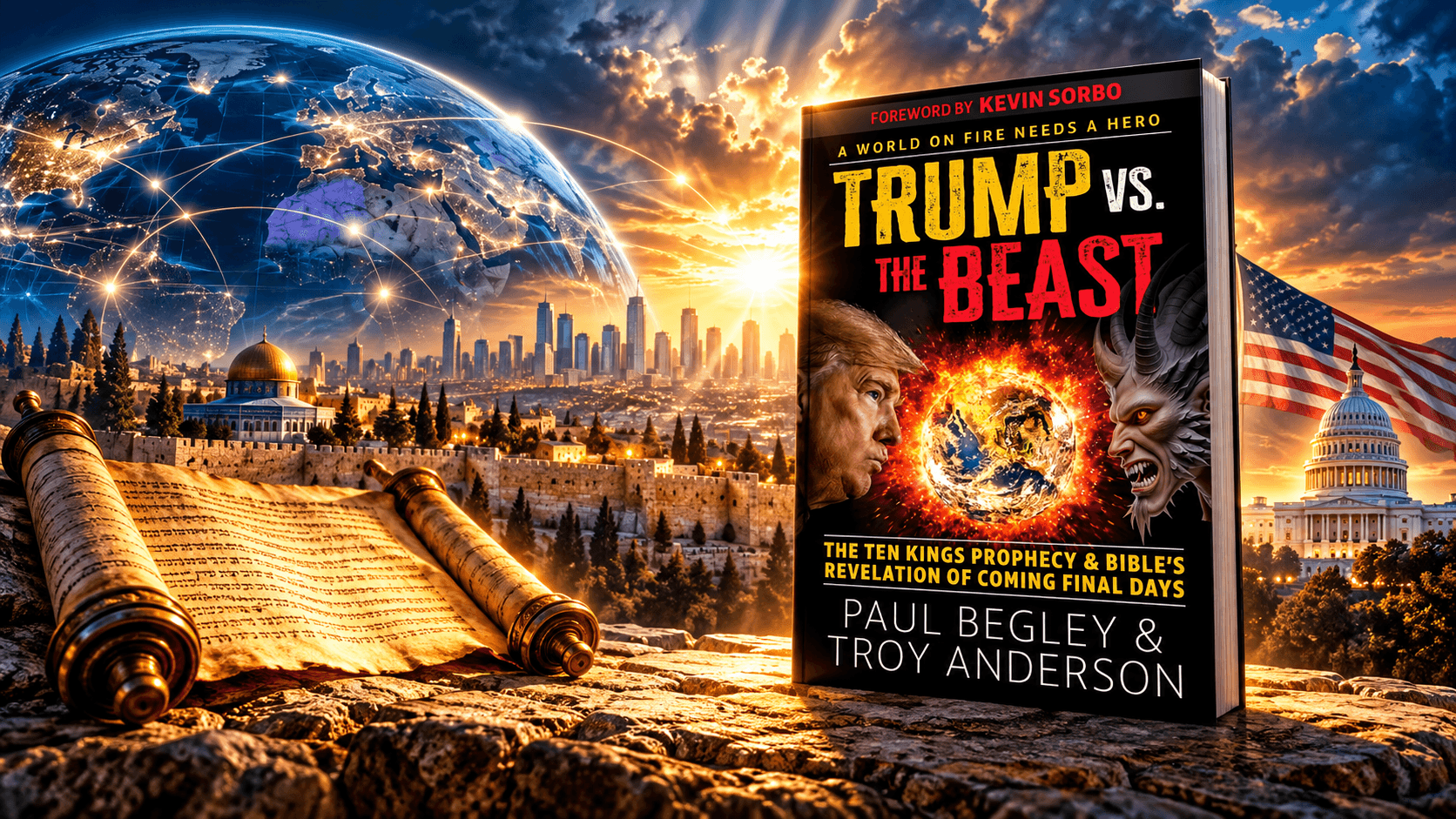 "Trump vs. The Beast" book cover with Jerusalem, the US Capitol, and a glowing globe.