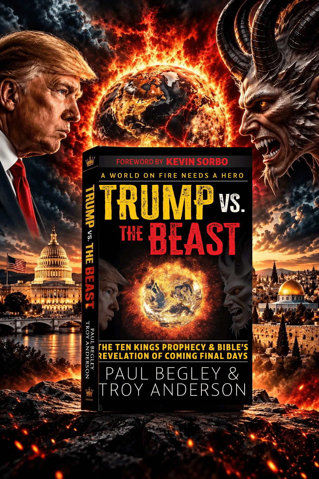 Book cover titled Trump vs. The Beast featuring Donald Trump and a demon over a burning Earth.