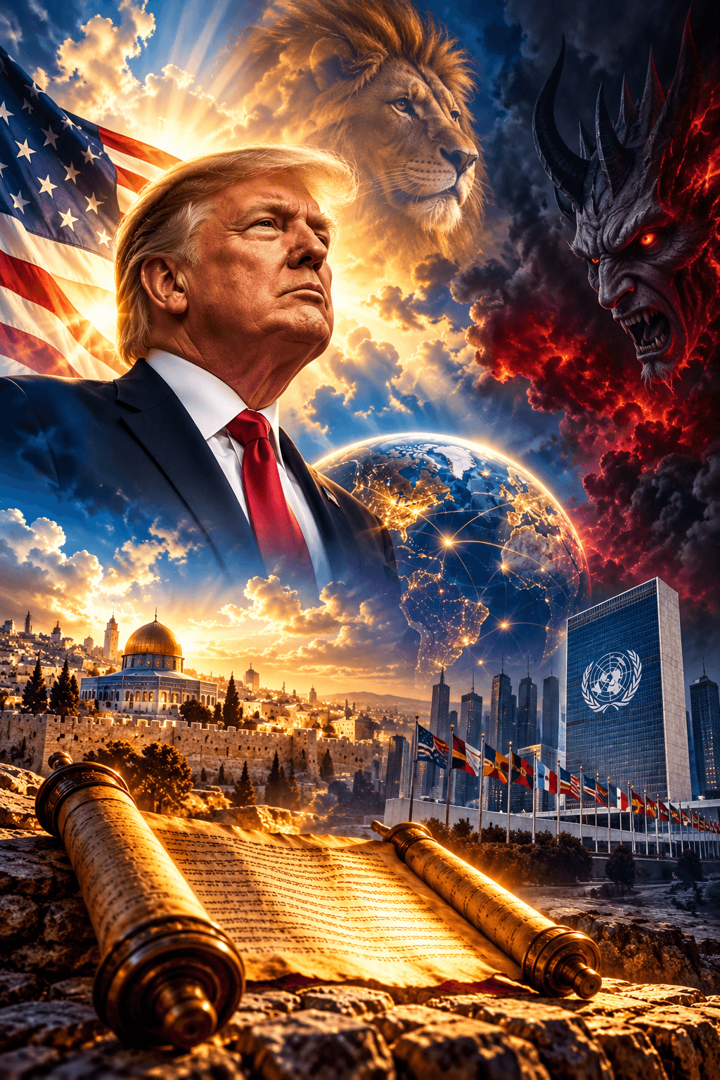 Donald Trump looks upward amidst a lion, a demon, Jerusalem, and an open Torah scroll.