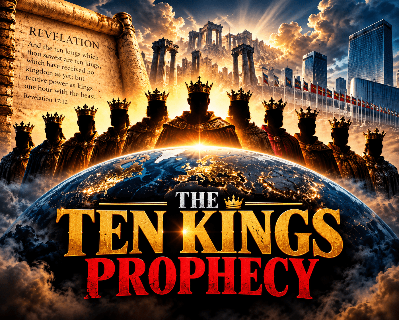 Ten crowned kings stand behind Earth with a biblical scroll, ancient ruins, and modern skyscrapers.