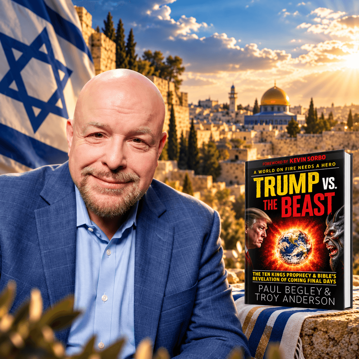 Paul Begley smiles in Jerusalem with an Israeli flag and 'Trump vs. The Beast' book.