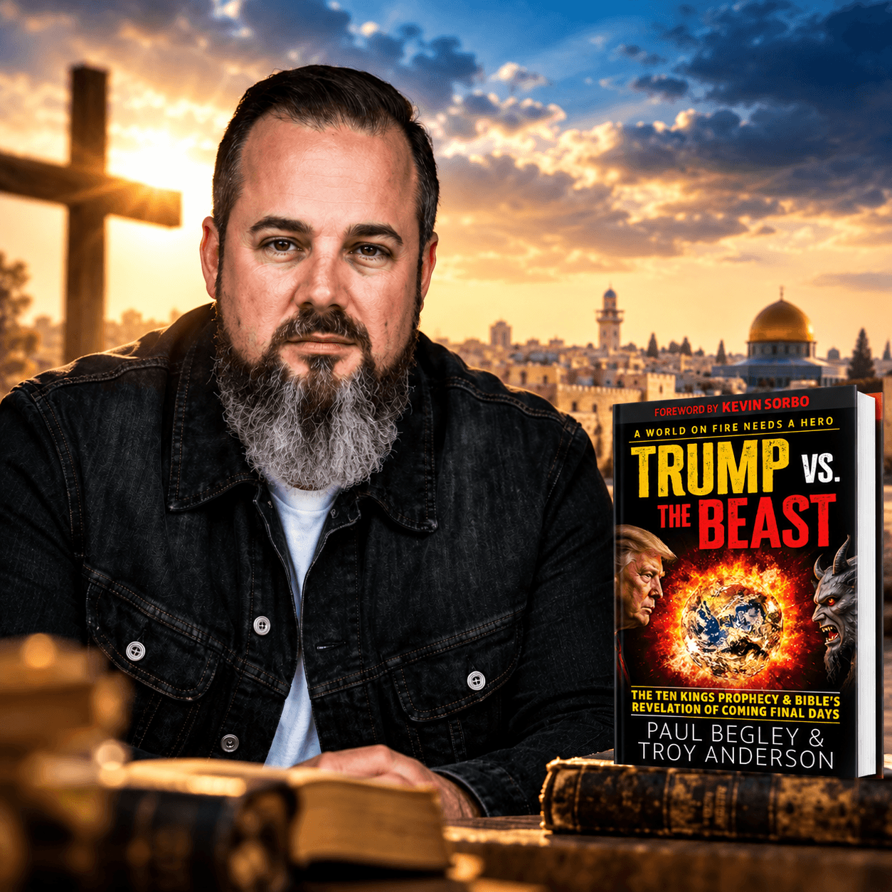 Bearded man with 'Trump vs. The Beast' book against a Jerusalem sunset and cross.
