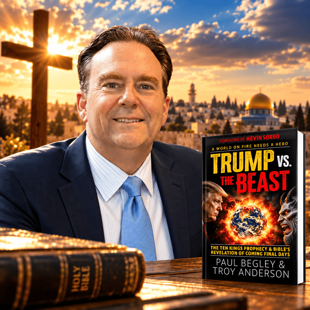 Smiling man with a Bible and "Trump vs. The Beast" book against a Jerusalem sunset.