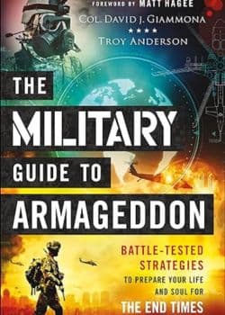Book cover for "The Military Guide to Armageddon" featuring soldiers, a globe, and fiery battlefields.