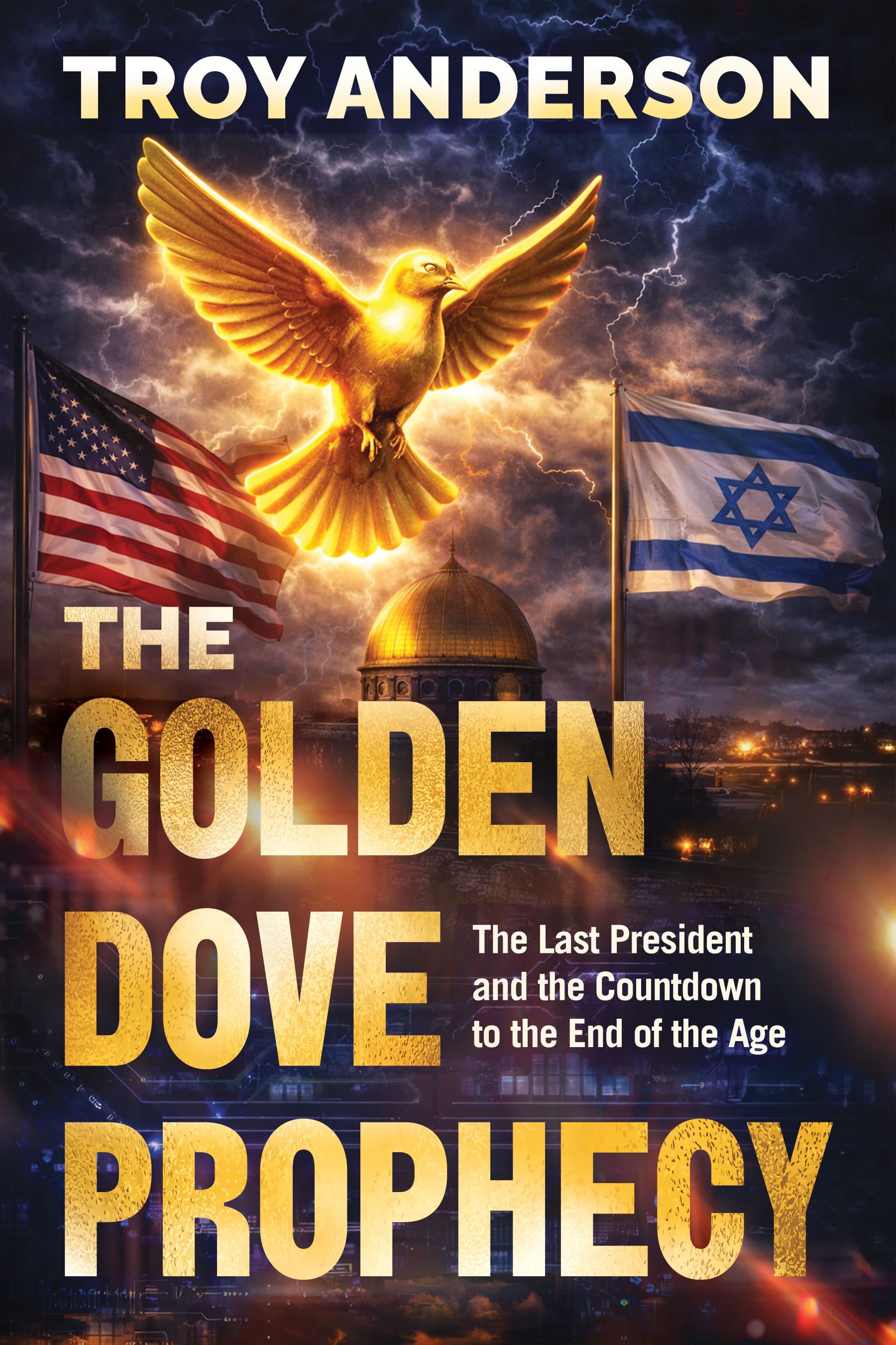 Glowing golden dove soaring between American and Israeli flags over a stormy Jerusalem skyline.
