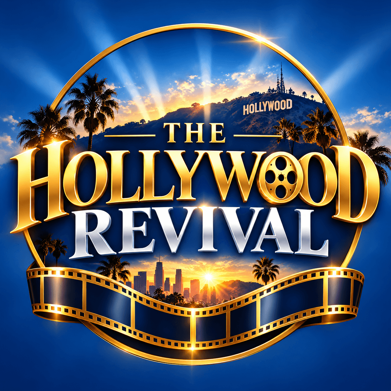 Gold and silver "The Hollywood Revival" logo with a sunset skyline and film strip border.