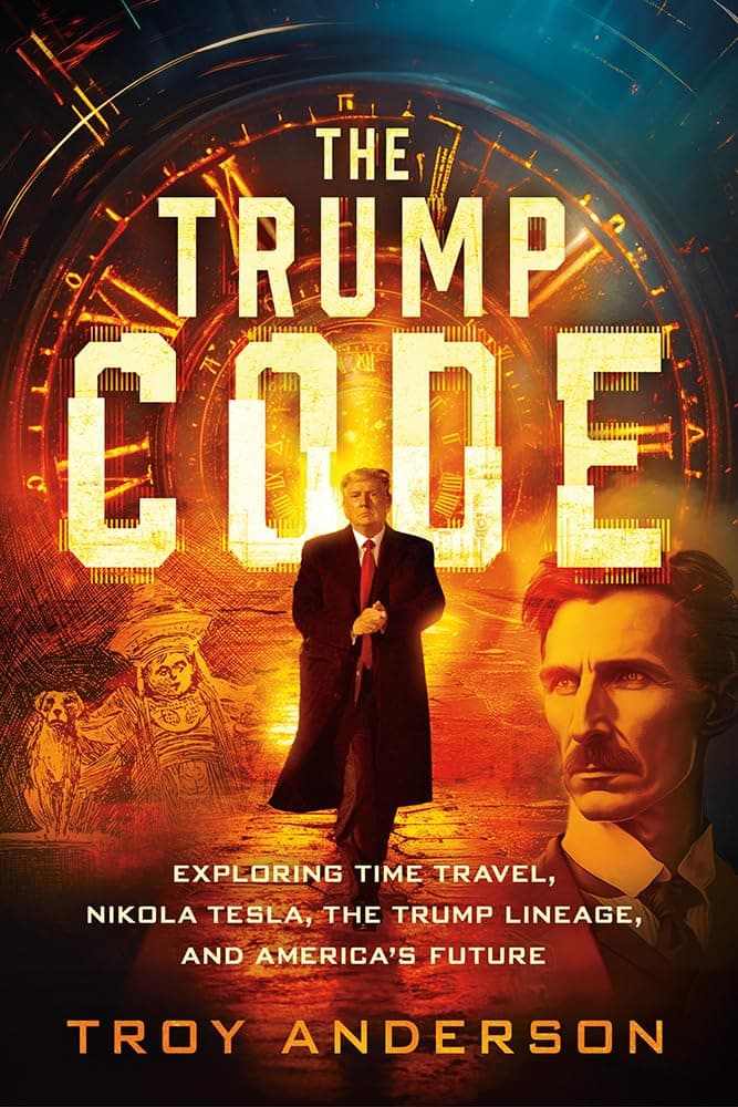 The Trump Code book cover featuring Donald Trump, Nikola Tesla, and a glowing clock portal.