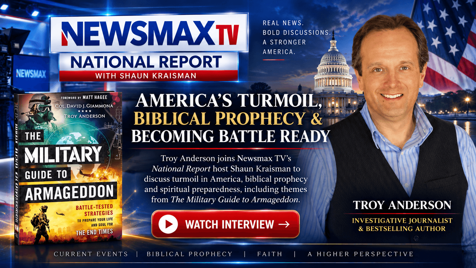 Newsmax TV graphic featuring Troy Anderson and his book, The Military Guide to Armageddon.