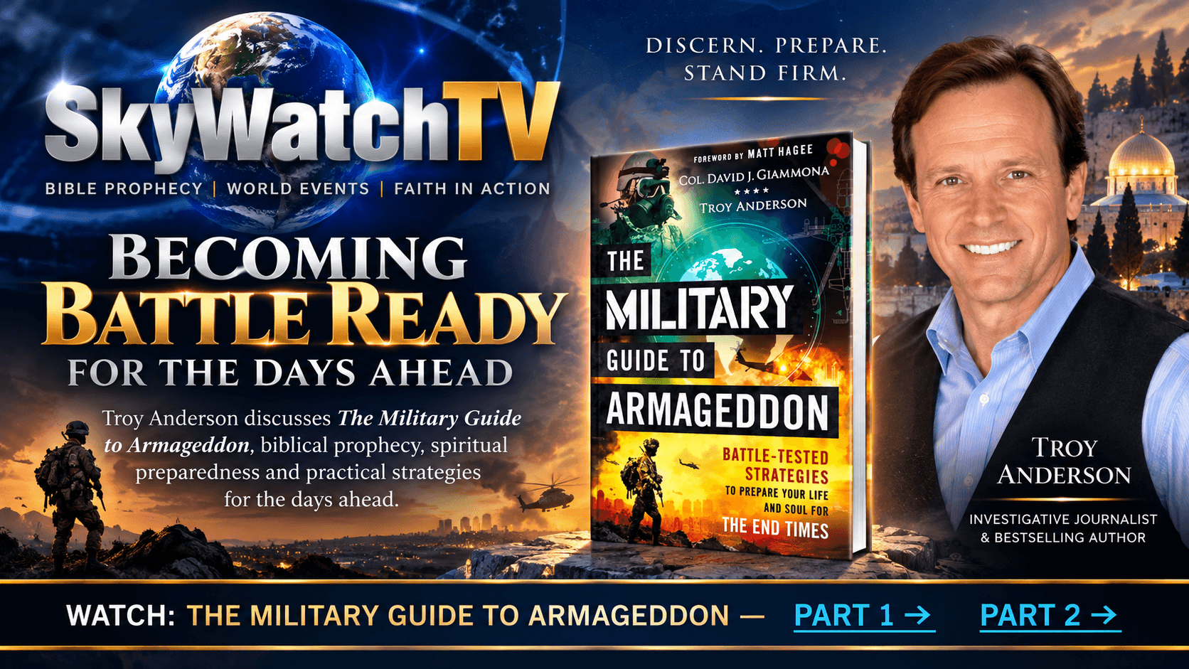 SkyWatchTV promotional graphic featuring Troy Anderson and his book, The Military Guide to Armageddon.