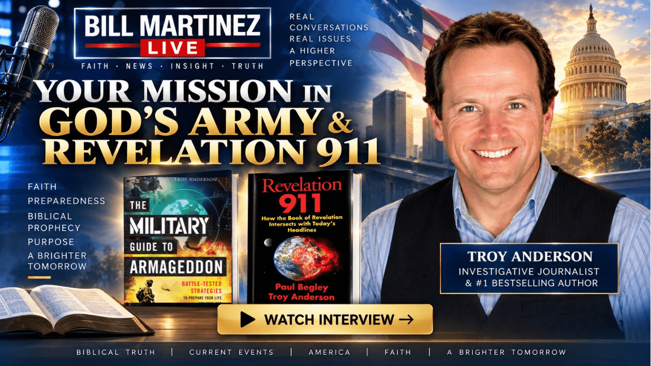 Promotional graphic for Bill Martinez Live featuring author Troy Anderson and his books on prophecy.