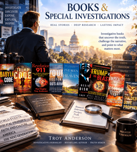 Troy Anderson's investigative books displayed on a desk overlooking the sunlit United States Capitol building.