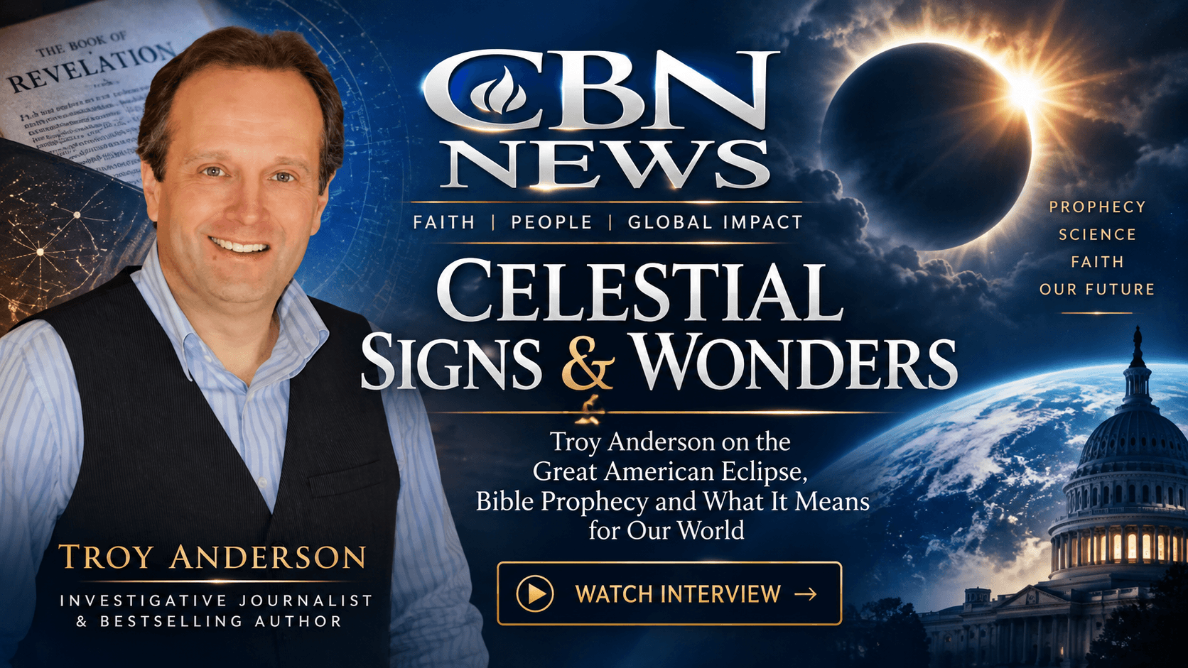 CBN News graphic featuring Troy Anderson discussing celestial signs, Bible prophecy, and the solar eclipse.