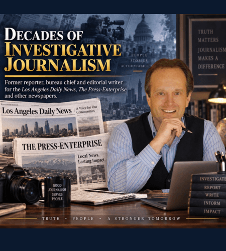 Smiling journalist at a desk with newspapers and books, titled Decades of Investigative Journalism.