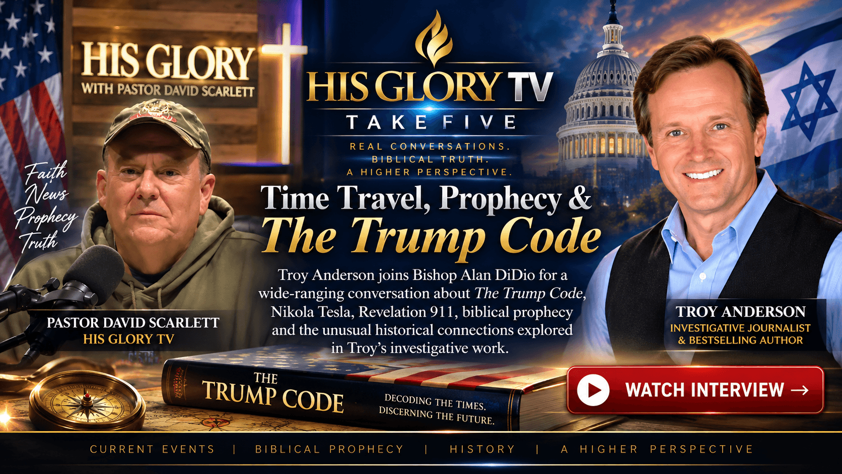 His Glory TV graphic promoting an interview with Troy Anderson about The Trump Code.