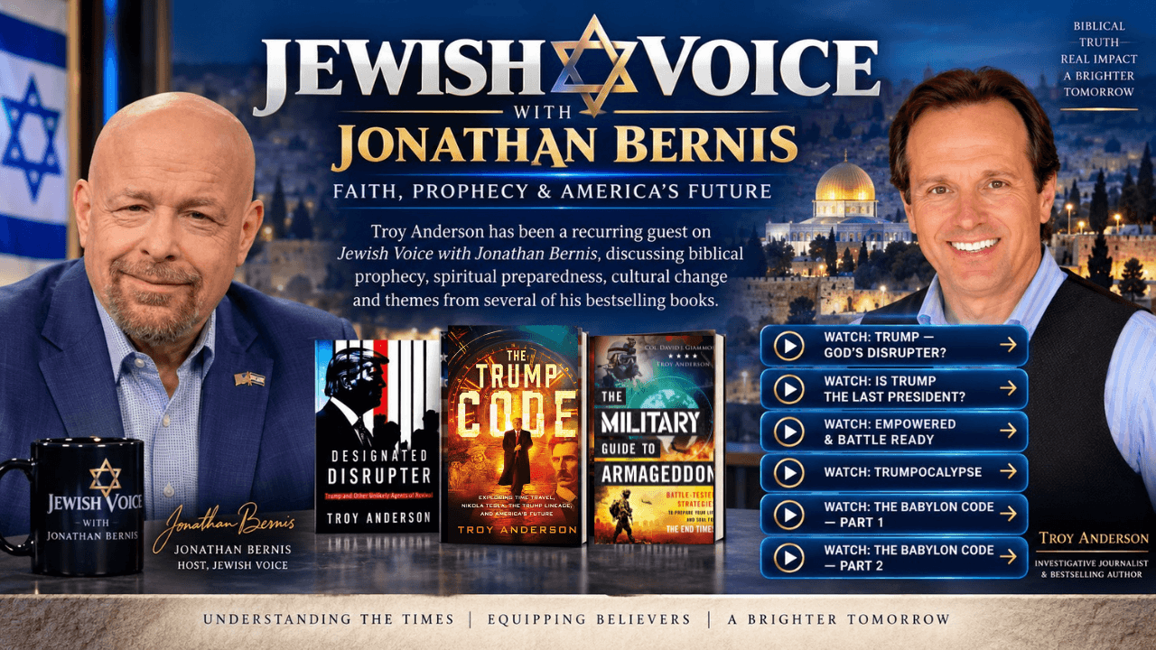 Jonathan Bernis and Troy Anderson with books on biblical prophecy and a Jerusalem backdrop.