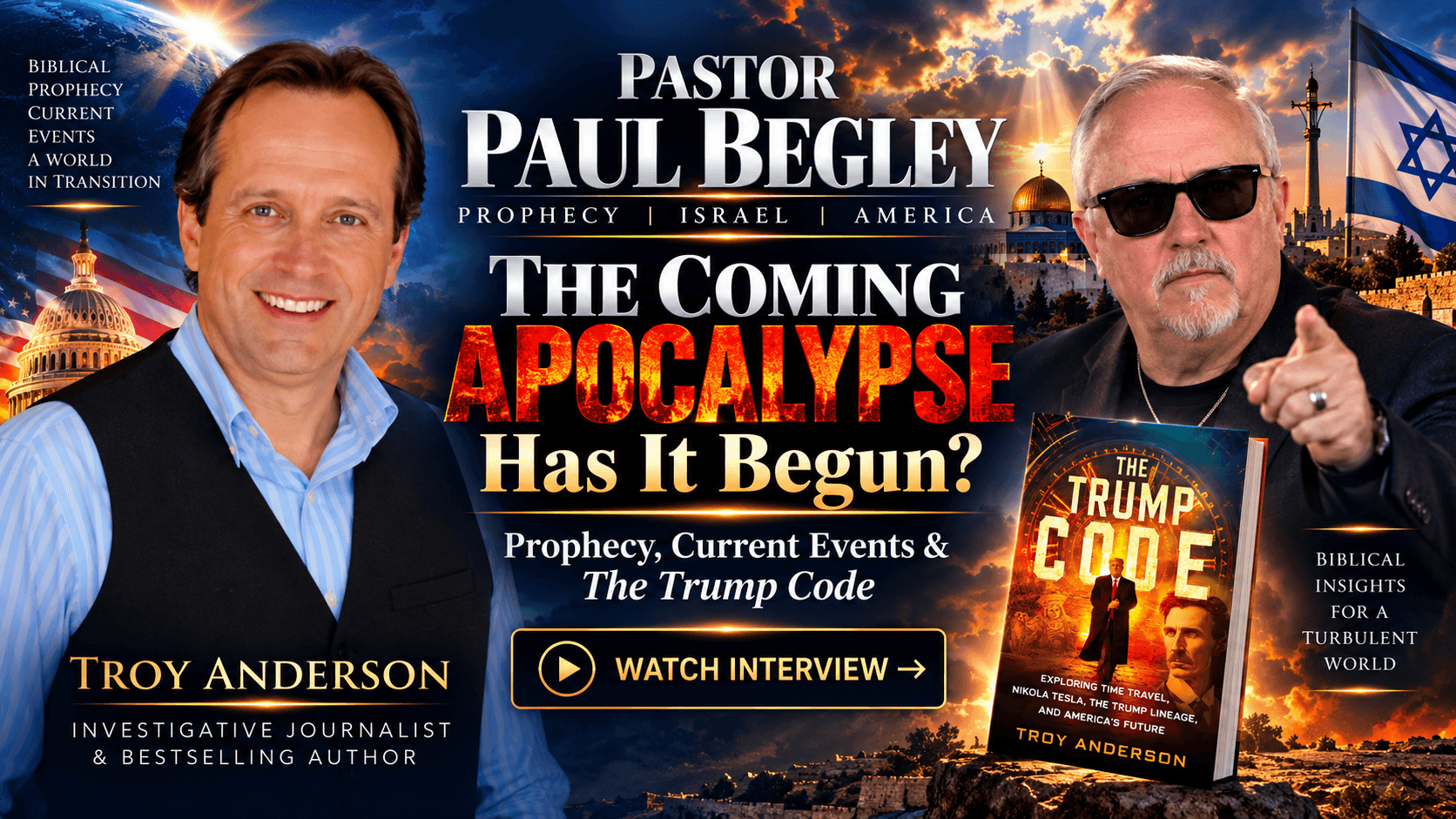 Troy Anderson and Pastor Paul Begley discuss "The Trump Code" against a fiery apocalyptic backdrop.