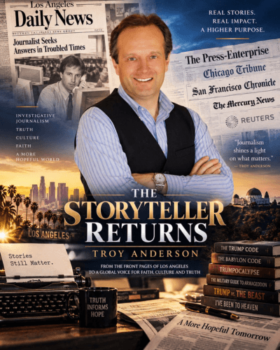Troy Anderson smiling amidst newspaper headlines, a vintage typewriter, and a stack of his books.