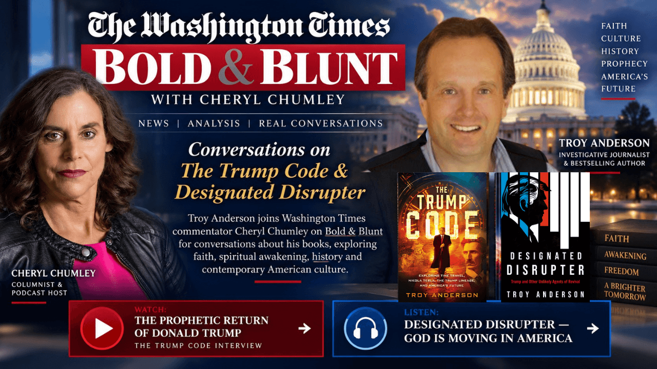 Washington Times Bold & Blunt graphic featuring Cheryl Chumley and Troy Anderson discussing his books.