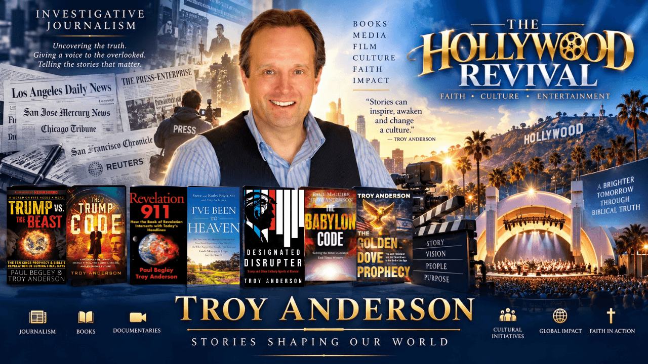 Troy Anderson surrounded by his books and Hollywood imagery for 'The Hollywood Revival' media.