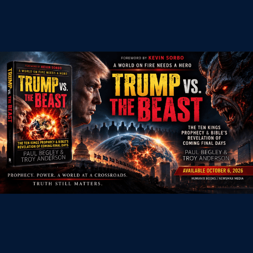 Advertisement for 'Trump vs. The Beast' featuring Donald Trump and a demon over burning Earth.