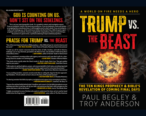 "Trump vs. The Beast" book cover featuring Donald Trump, a demon, and a burning Earth.