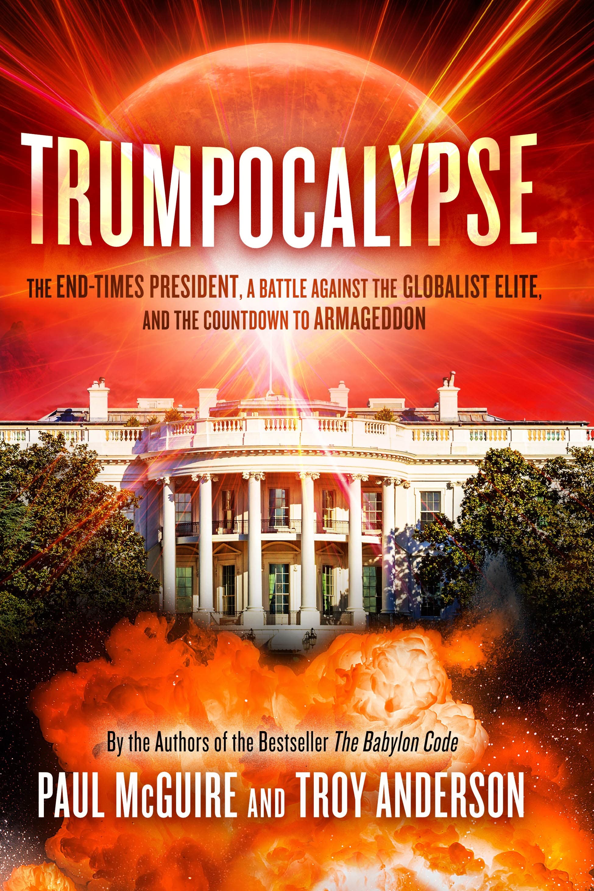 Trumpocalypse book cover featuring the White House, fiery explosions, and a massive glowing red sun.